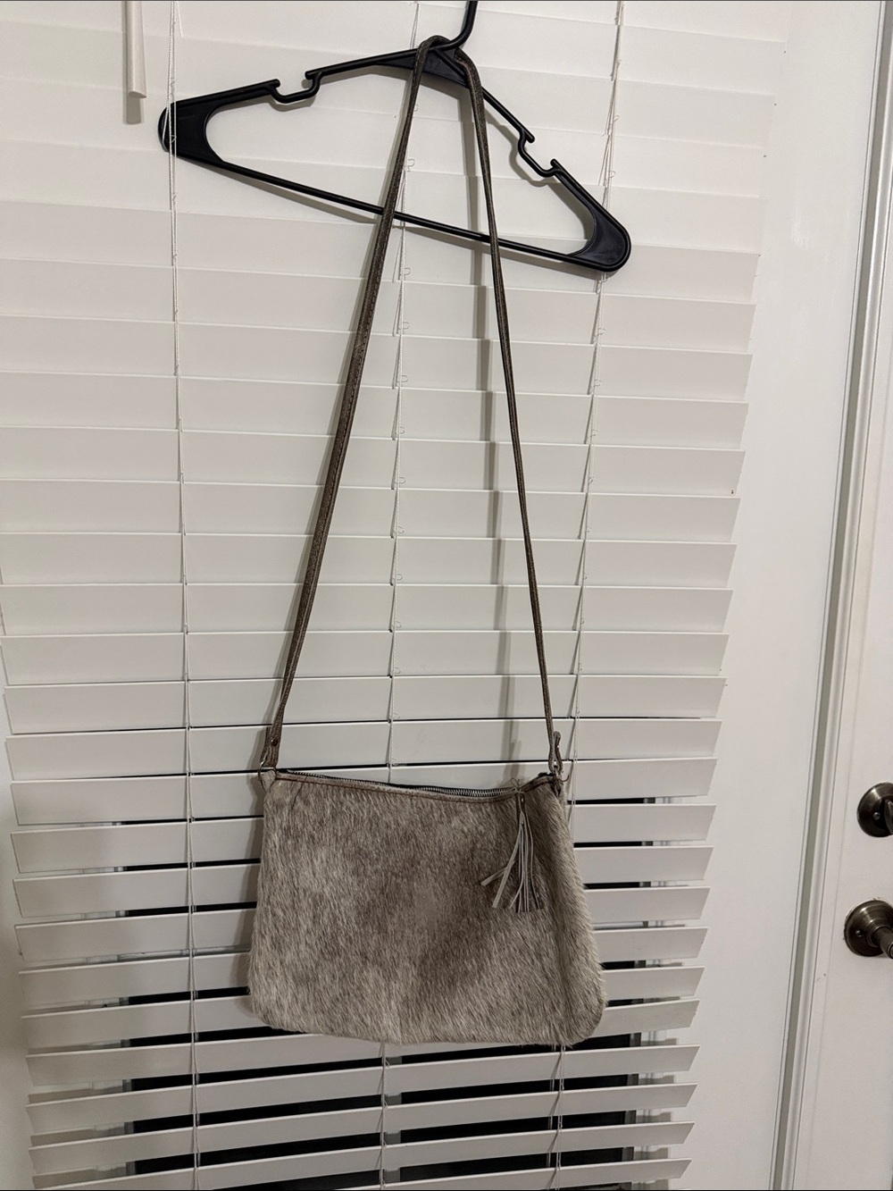 Neutral Haircalf Crossbody Purse with Tassel